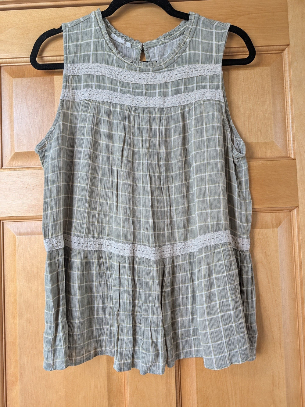 Maurices Sage Green Plaid Crochet-Trim Tank